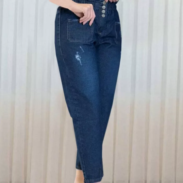 خرید شلوار طرح جین آبی مدل مام فیت شیک و ارزان زنانه و دخترانه بانک لباس
