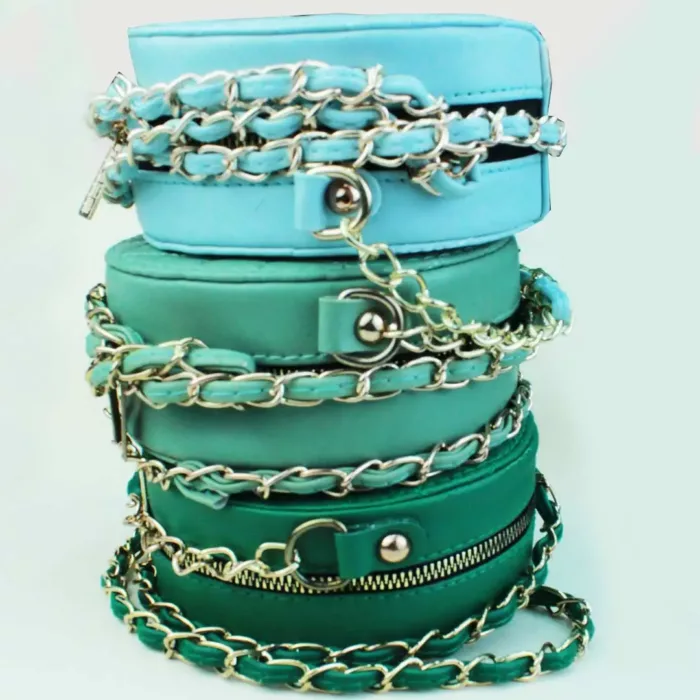 قیمت و خرید کیف مینی و کوچک گرد طرح چنل رنگ سبز سیدی، سبز پسته ای و آبی آسمانی